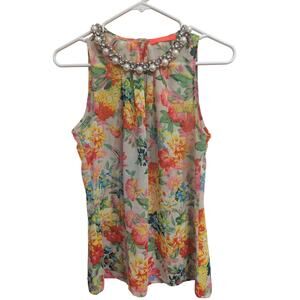 Pretty floral print tank/shell by Lulumari w/silver & pearl collar detail size S